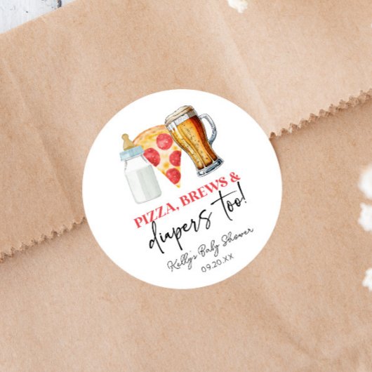 Pizza Brews en Luiers ook! Baby Shower Ronde Sticker