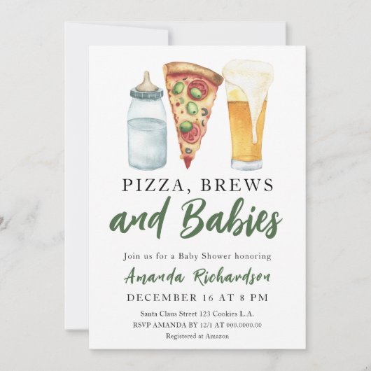 Pizza, Brouwen en Baby's - Baby shower Kaart (Voorkant)