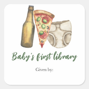 Pizza, Brouwen en Luiers - de eerste bibliotheek v Vierkante Sticker