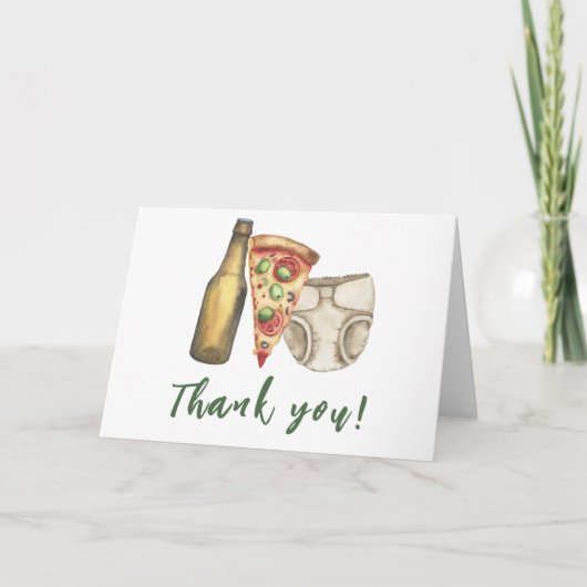 Pizza, Brouwen en Luiers te Baby shower Dank u Bedankkaart (Voorkant)