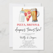 Pizza Brouwen en Luiers Times Twee Twin Baby showe Kaart (Voorkant)