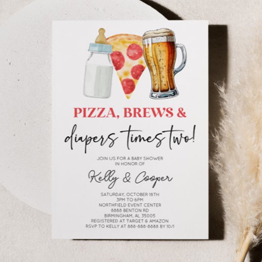 Pizza Brouwen en Luiers Times Twee Twin Baby showe Kaart