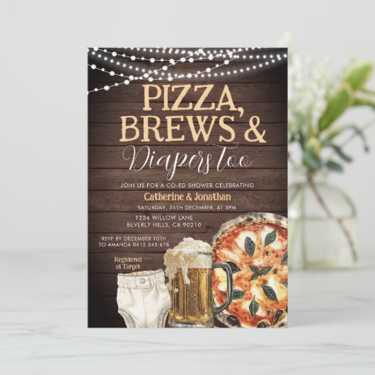 Pizza, Brouwen & Luiers ook, Baby shower Hout Kaart (Staand voorkant)