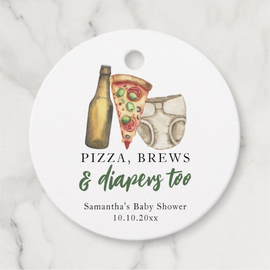 Pizza, brouwsel en luiers te Baby shower Bedankjes Labels (Voorkant)