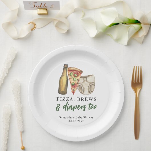 Pizza, brouwsel en luiers te Baby shower Papieren Bordje (Huwelijk)
