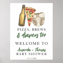 Pizza, brouwsel en luiers te Baby shower Poster