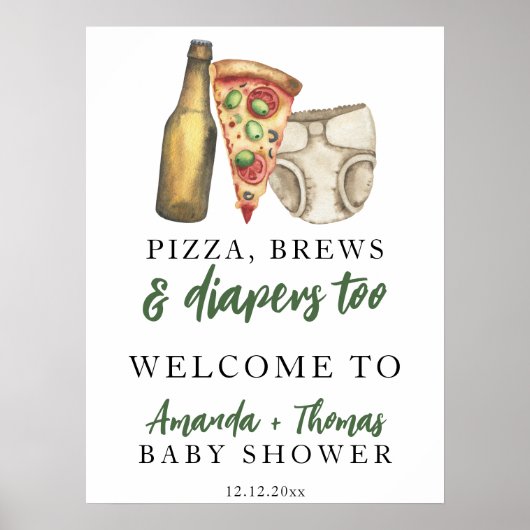 Pizza, brouwsel en luiers te Baby shower Poster (Voorkant)