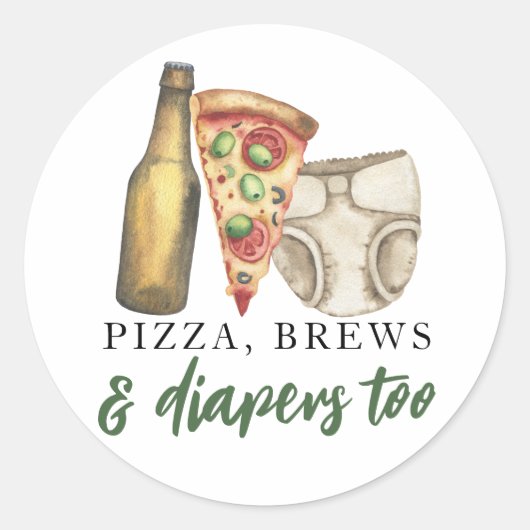 Pizza, brouwsel en luiers te Baby shower Ronde Sticker (Voorkant)