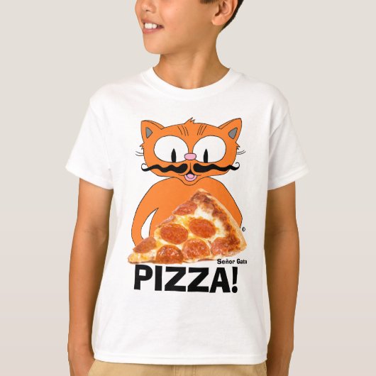 PIZZA! Cartoon Mustache Cat met Pizza Slice T-shirt (Voorkant)