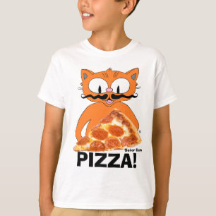 PIZZA! Cartoon Snorhaar Kat met Pizzapunt T-shirt