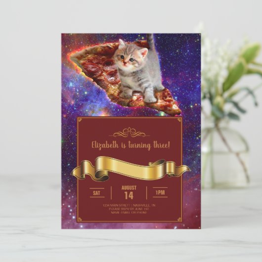 Pizza Cat in Space Funny Invitation Kaart (Staand voorkant)