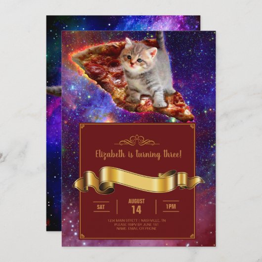Pizza Cat in Space Funny Invitation Kaart (Voorkant / Achterkant)
