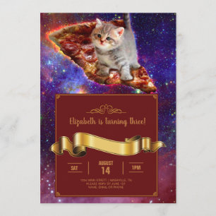 Pizza Cat in Space Funny Invitation Kaart