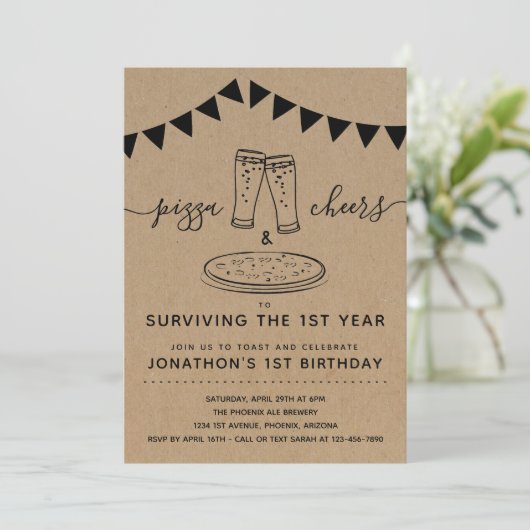 Pizza & Cheers & Beers Birthday Party 1st Birthday Kaart (Staand voorkant)