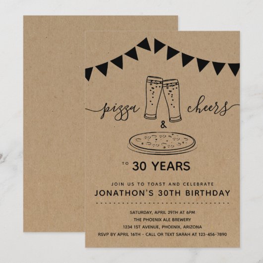Pizza & Cheers & Beers Birthday Party - Elke leeft Kaart (Voorkant / Achterkant)
