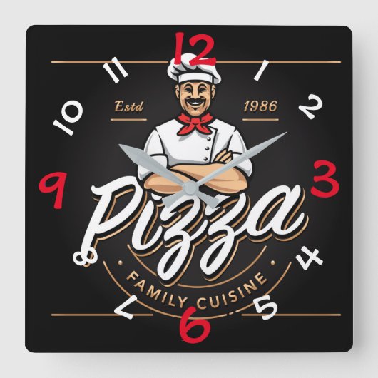 Pizza Design Wall-klok met cijfers Vierkante Klok (Voorkant)