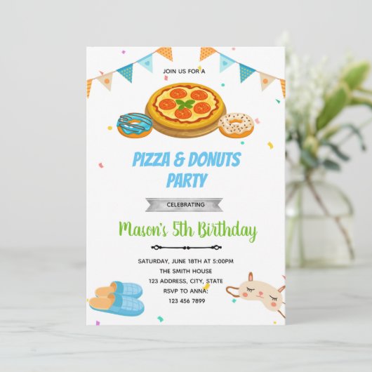 Pizza donuts jongen sleepover uitnodiging (Staand voorkant)