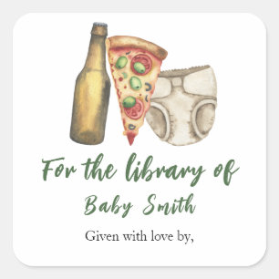 Pizza, drankjes en luiers ook - voor de bibliothee vierkante sticker