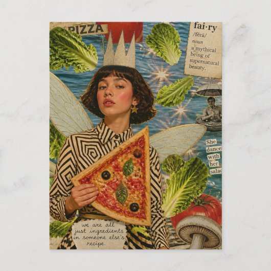 Pizza Elf Mixed Media Collage Briefkaart (Voorkant)