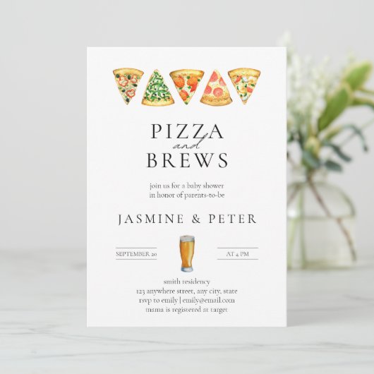 Pizza en Brews Co Ed Baby shower Invitation Kaart (Staand voorkant)