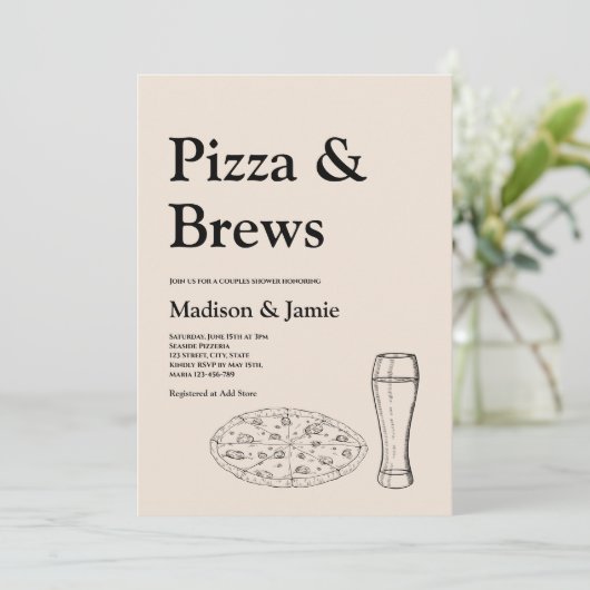 Pizza en brouwt Bier Casual Koppels Vrijgezellenfe Kaart (Staand voorkant)