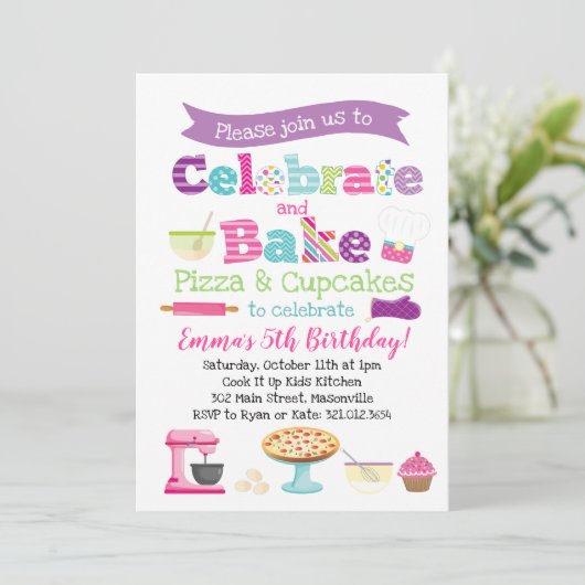 Pizza en Cupcake Baking Party Kaart (Staand voorkant)