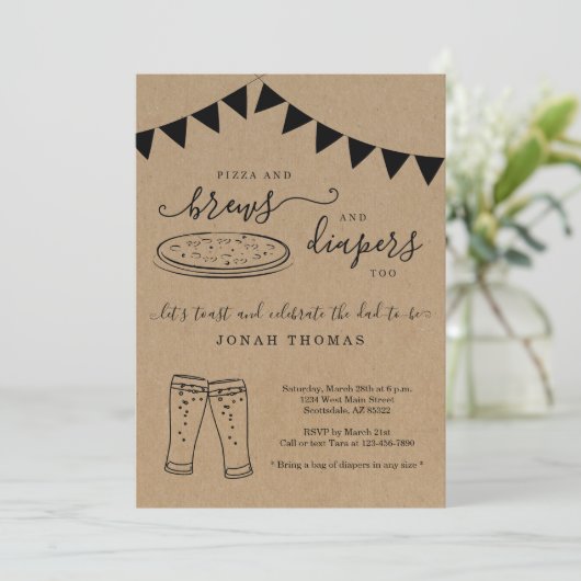 Pizza en diapers te Mannen en Baby shower Kaart (Staand voorkant)