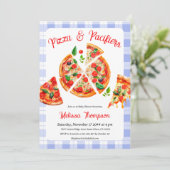 Pizza en fopspenen Blue Plaid Baby shower Party Kaart (Staand voorkant)