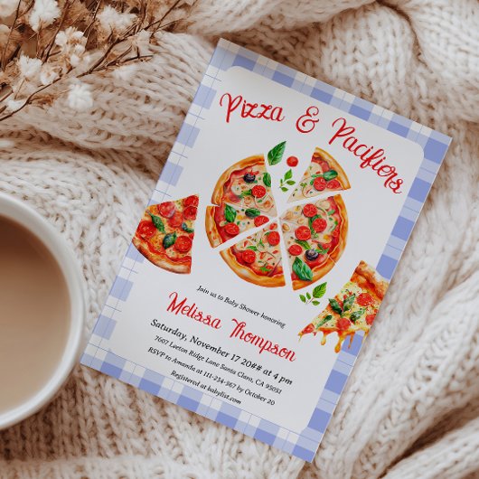 Pizza en fopspenen Blue Plaid Baby shower Party Kaart