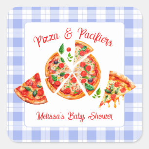 Pizza en Fopspenen Jongen Blauwe Gingham Baby Show Vierkante Sticker