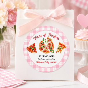 Pizza en Fopspenen Roze Gingham Baby Shower Feest Ronde Sticker
