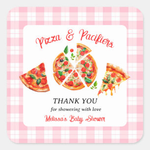 Pizza en Fopspenen Roze Gingham Baby Shower Feest Vierkante Sticker