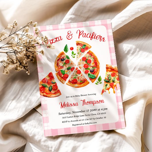Pizza en fopspenen Roze Plaid Baby shower Party Kaart
