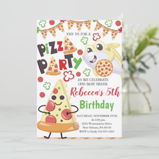 Pizza en haai verjaardagsuitnodiging, Slice of Fun Kaart (Staand voorkant)