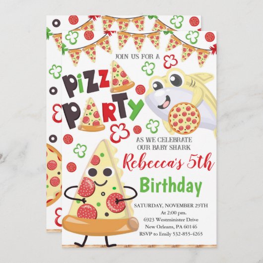 Pizza en haai verjaardagsuitnodiging, Slice of Fun Kaart (Voorkant / Achterkant)