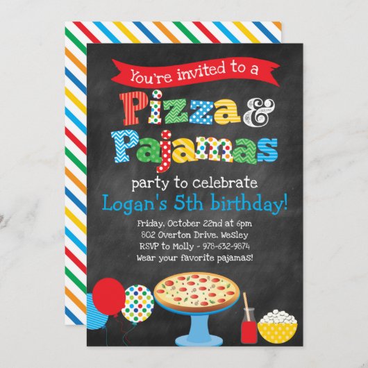 Pizza en Pajamas Party Chalkboard Invitation Kaart (Voorkant / Achterkant)