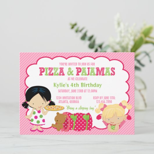 Pizza en Pajamas Sleepover Party Kaart (Staand voorkant)