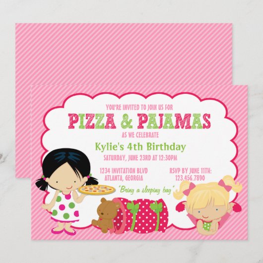 Pizza en Pajamas Sleepover Party Kaart (Voorkant / Achterkant)