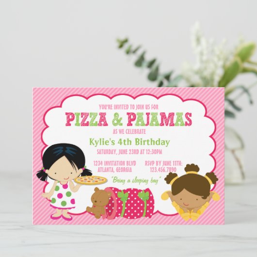 Pizza en Pajamas Sleepover Party Kaart (Staand voorkant)