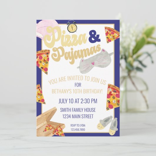 Pizza en Pajamas Slumber Party Sleepover Birthday Kaart (Staand voorkant)