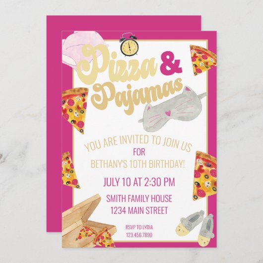 Pizza en Pajamas Slumber Party Sleepover Birthday Kaart (Voorkant / Achterkant)