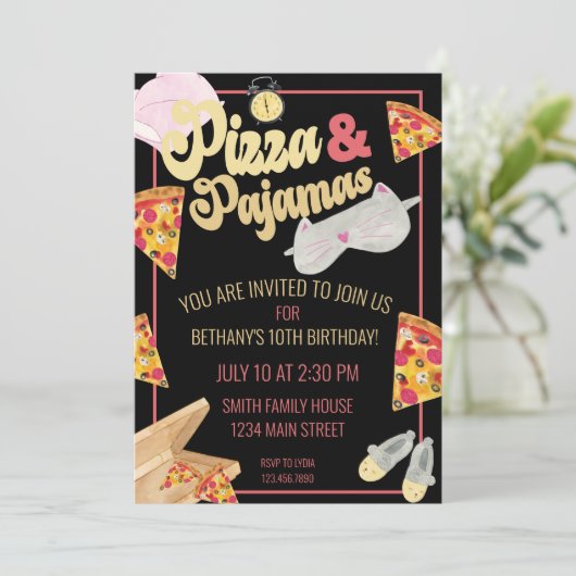 Pizza en Pajamas Slumber Party Sleepover Birthday Kaart (Staand voorkant)