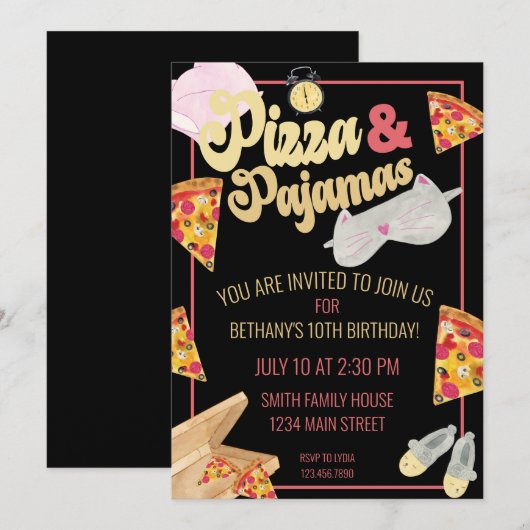 Pizza en Pajamas Slumber Party Sleepover Birthday Kaart (Voorkant / Achterkant)