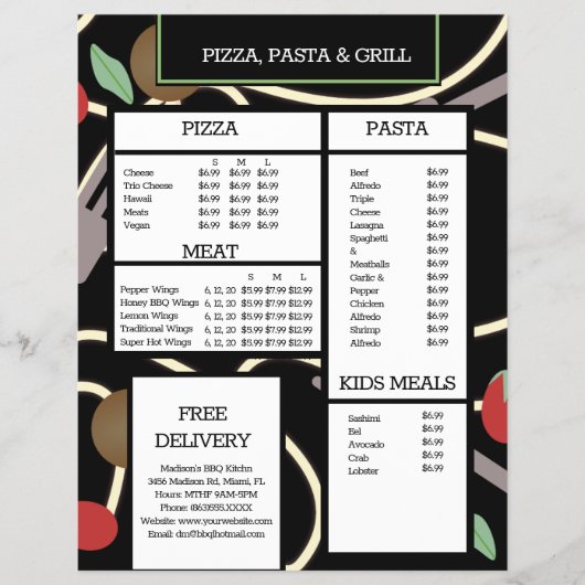 Pizza en Pasta Grill Restaurant Spaghettimenu Flyer (Voorkant)