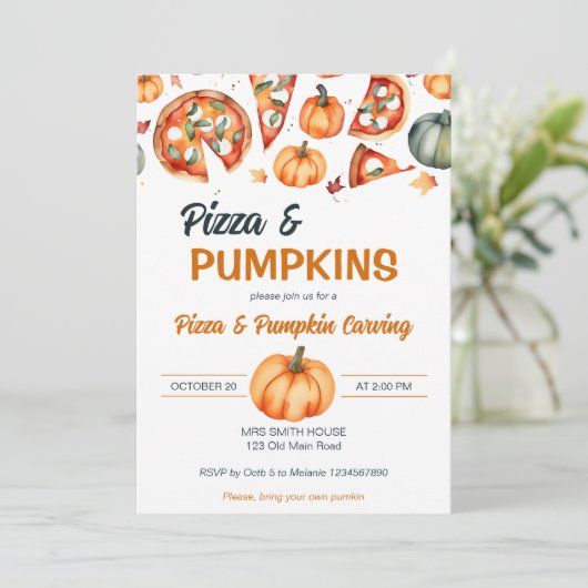Pizza en pompoen carving party sjabloon kaart (Staand voorkant)
