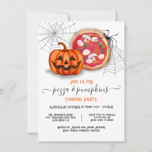 Pizza en pompoenen Carving Halloween Party Kaart (Voorkant)
