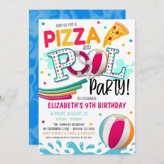 Pizza en Pool Party Invitation Kaart (Voorkant / Achterkant)