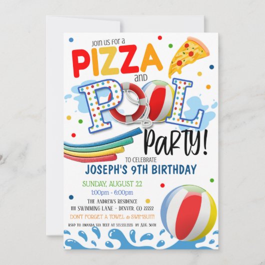 Pizza en Pool Party Invitation Kaart (Voorkant)