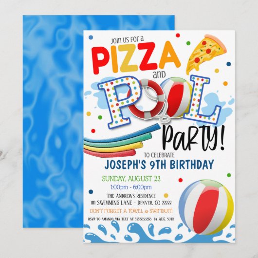 Pizza en Pool Party Invitation Kaart (Voorkant / Achterkant)