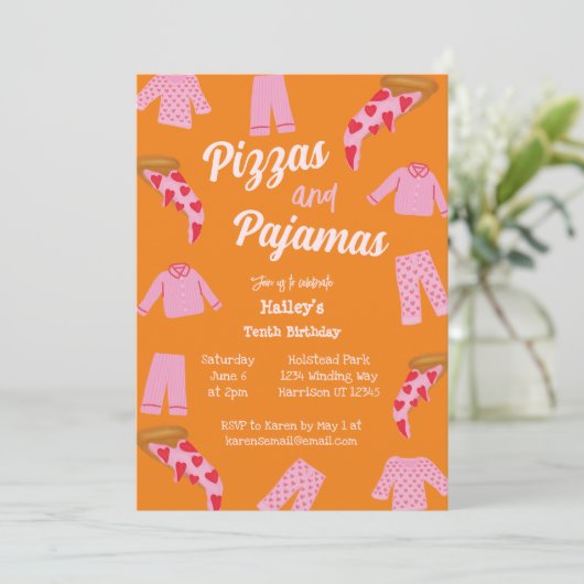 Pizza en pyjama feestje Sleepover Verjaardag Kaart (Staand voorkant)